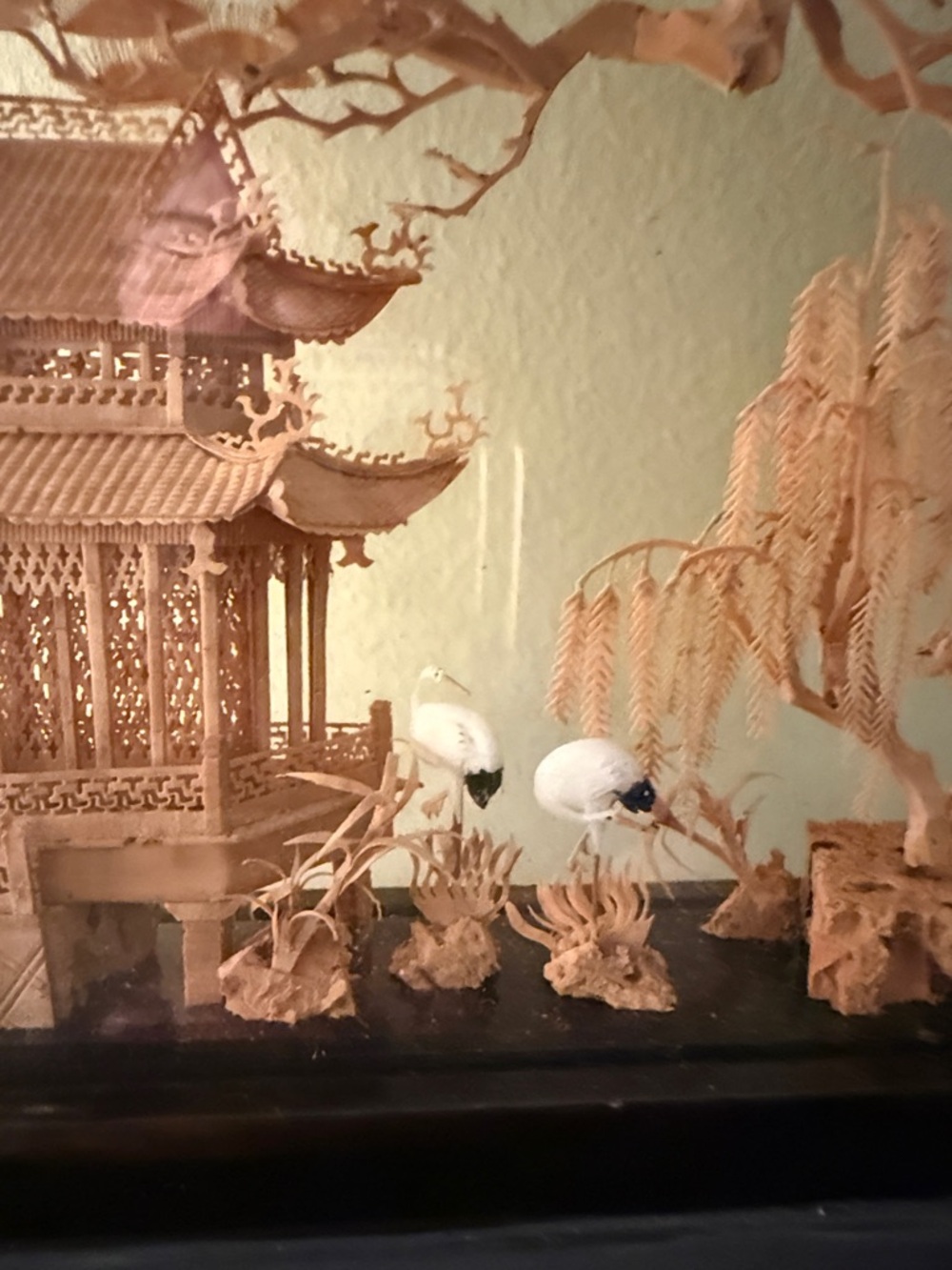 Vintage Cork Carving Chinese Diorama Glass Wooden Oval Frame on Attached Stand